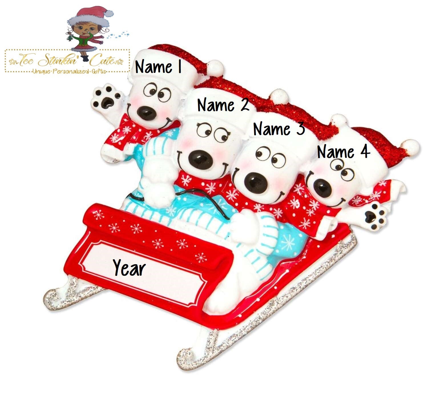 Christmas Ornament Bears on Sled Family of 4/ Friends/ Coworkers Personalized! + Free Shipping!