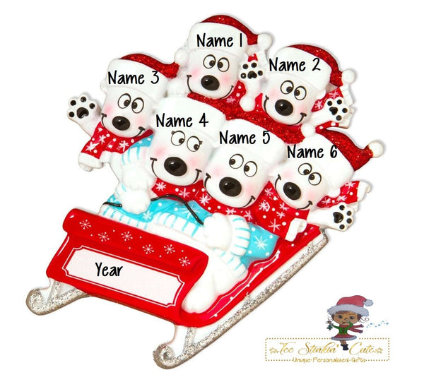 Christmas Ornament Bears on Sled Family of 6/ Friends/ Coworkers Personalized! + Free Shipping!