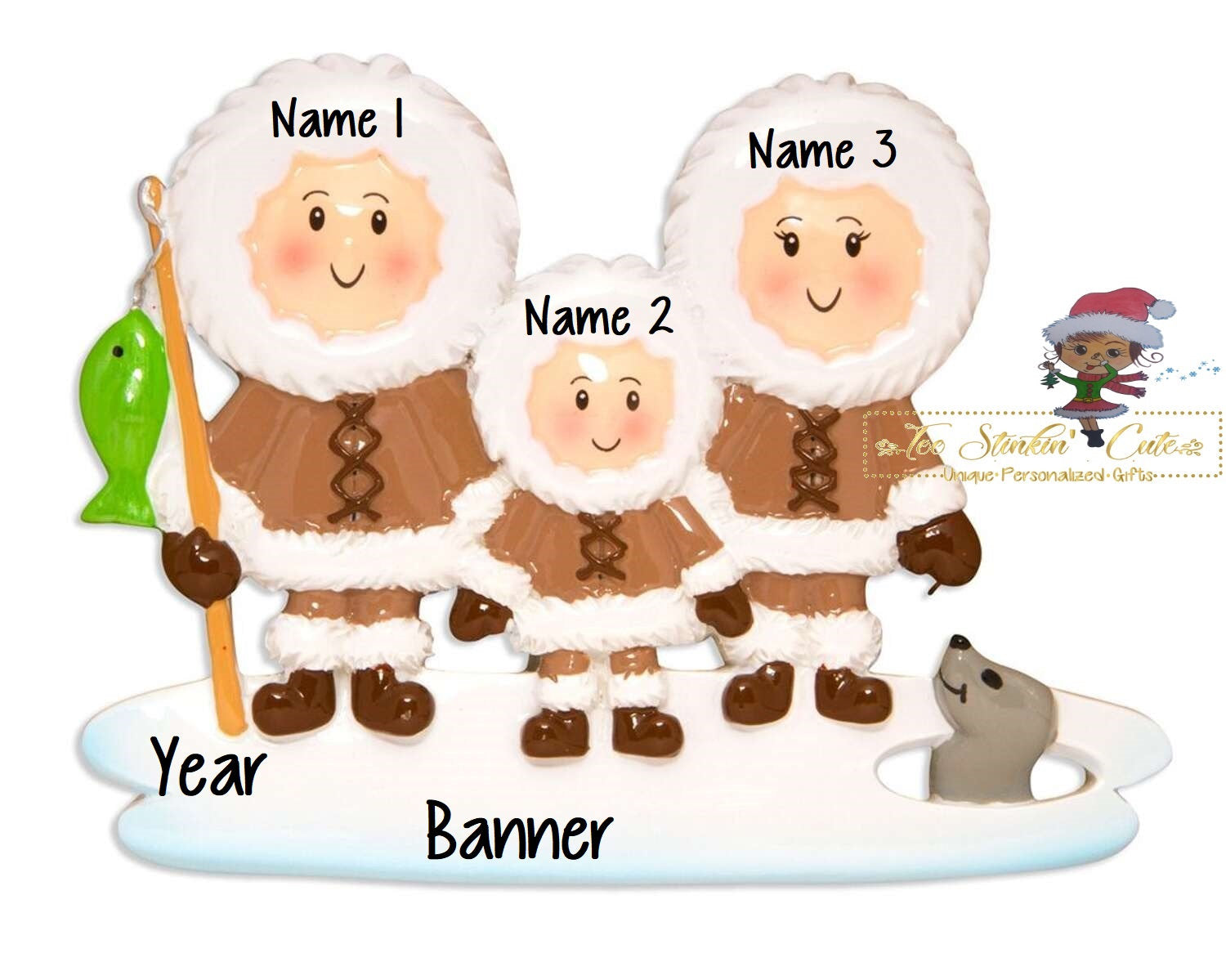 Christmas Ornament Eskimo Family of 3/ Friends/ Coworkers Personalized! + Free Shipping!