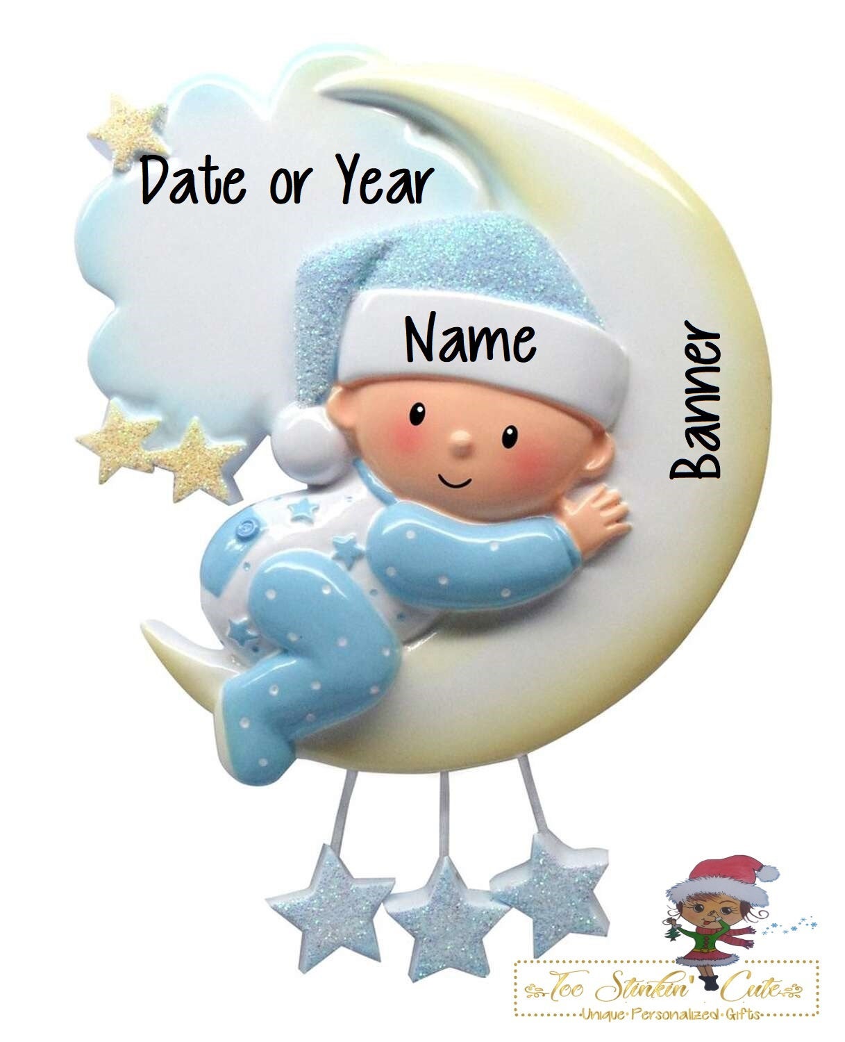 Personalized Christmas Ornament Baby Boy on Moon + Free Shipping! / Custom Baby Newborn Infant Toddler Pregnant Expecting Baby's 1st