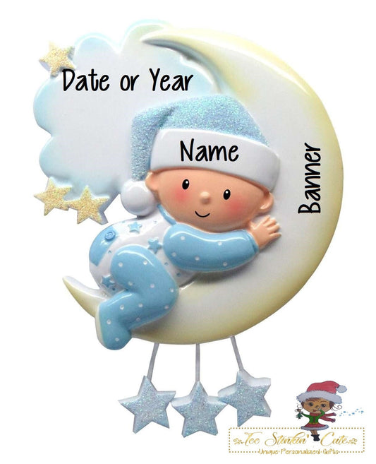 Personalized Christmas Ornament Baby Boy on Moon + Free Shipping! / Custom Baby Newborn Infant Toddler Pregnant Expecting Baby's 1st