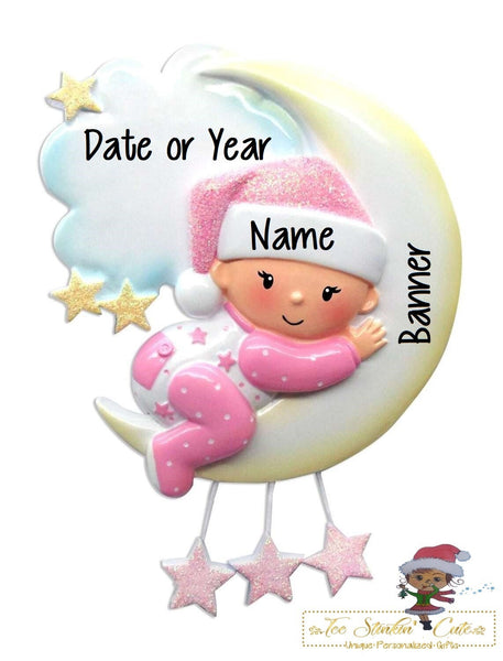 Personalized Christmas Ornament Baby Girl on Moon + Free Shipping! / Newborn New Baby Child Kid Children Toddler Infant