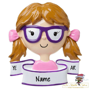 Christmas Ornament Girl with Glasses/ Children/ Kids/ Teen - Personalized + Free Shipping!