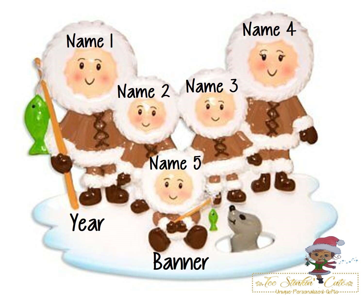 Personalized Christmas Ornament Eskimo Family of 5 + Free Shipping!/ Friends/ Coworkers Snow