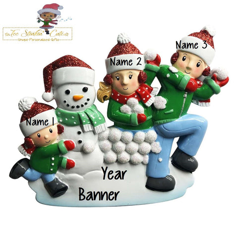Christmas Ornament Snowball Fight Family of 3/ Friends Coworkers Employees - Personalized + Free Shipping!
