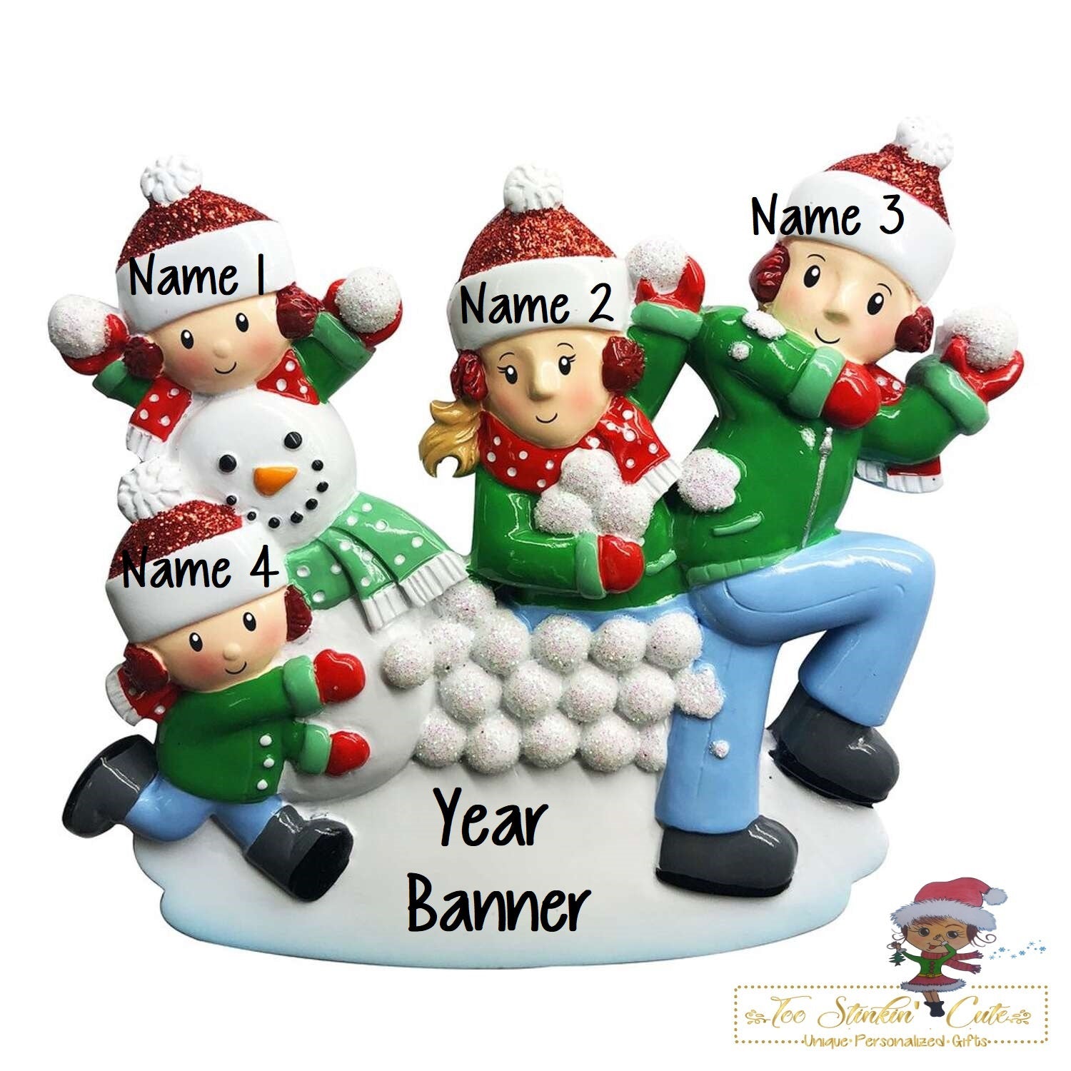 Christmas Ornament Snowball Fight Family of 4/ Friends Coworkers Employees - Personalized + Free Shipping!