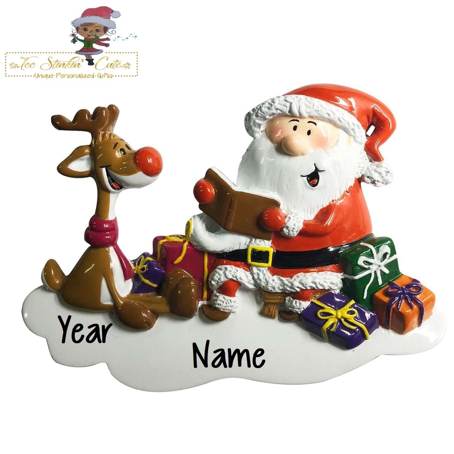 Christmas Ornament Santa Claus with Rudolph Reindeer/Children Kids Single Individual- Personalized + Free Shipping!