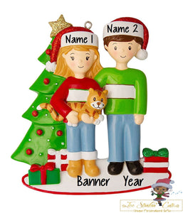 Christmas Ornament Family of 2 with Cat/ Couple Friends Coworkers Employees - Personalized + Free Shipping!