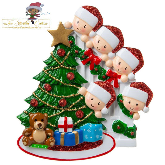 Christmas Ornament Peeking Christmas Tree Family of 5 - Personalized + Free Shipping!