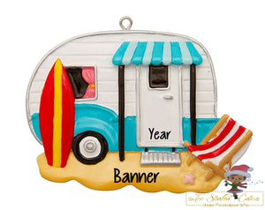 Christmas Ornament Blue Camper Beach/ RV/ Camp/ Tent - Personalized + Free Shipping!