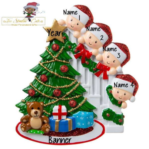 Christmas Ornament Peeking Christmas Tree Family of 4 - Personalized + Free Shipping!