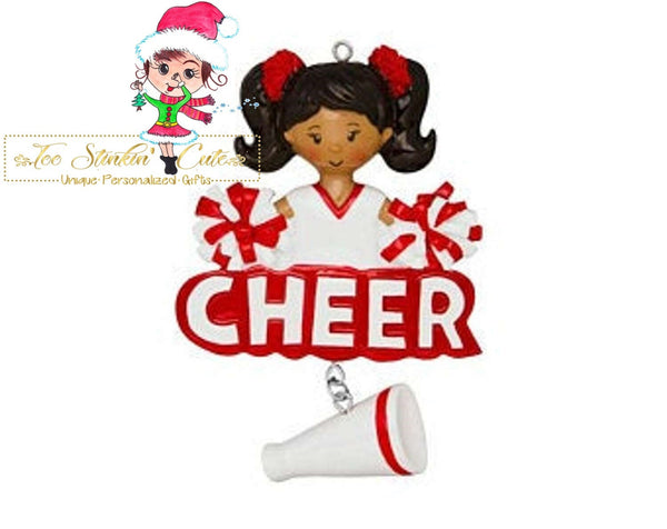 Personalized Christmas Ornament Red Cheerleader/ African American/ Tan/ Cheer/ Pom Pom/ Girls + Free Shipping!