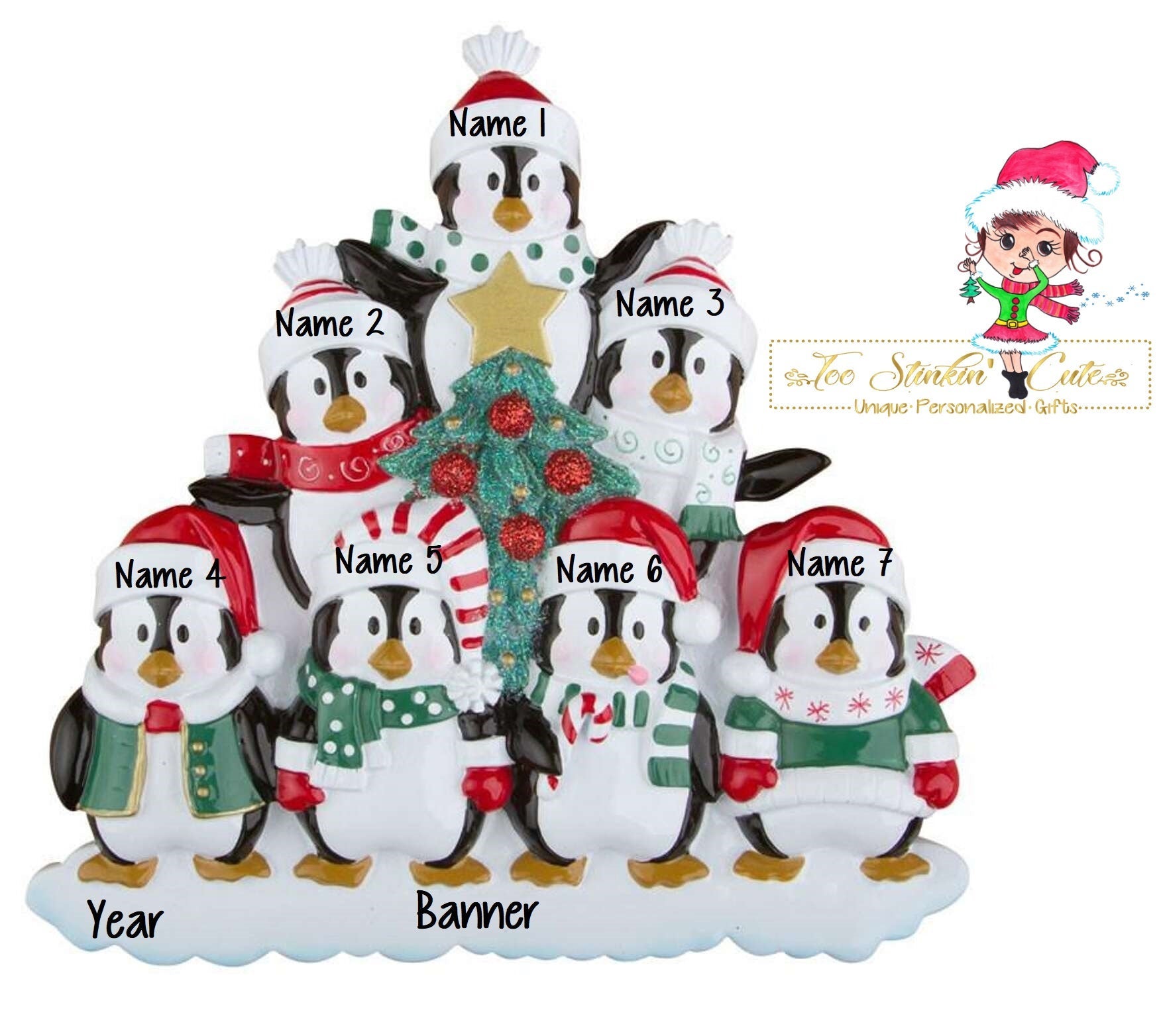 Christmas Ornament Winter Penguin Tree Family of 7/ Friends/ Coworkers - Personalized + Free Shipping!