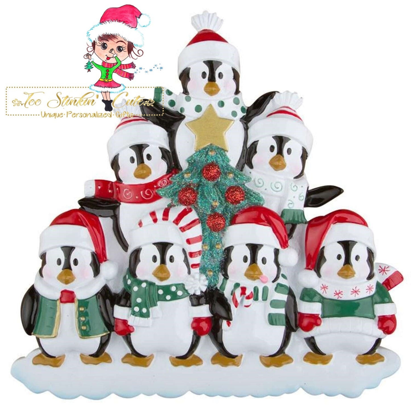 Christmas Ornament Winter Penguin Tree Family of 7/ Friends/ Coworkers - Personalized + Free Shipping!
