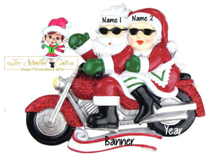 Christmas Ornament Mr & Mrs Claus on Motorcycle/ Harley/ Hog/ Bike/ Santa/ Men/ Riding Couple Family of 2- Personalized + Free Shipping!