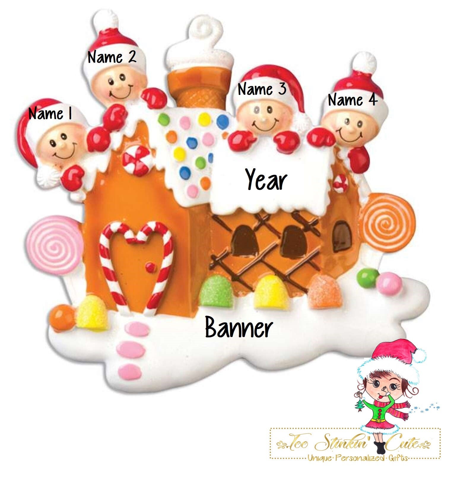 Christmas Ornament Gingerbread House Family of 4/ Couple/ Newlywed/ Friends/ Coworkers Personalized! + Free Shipping!