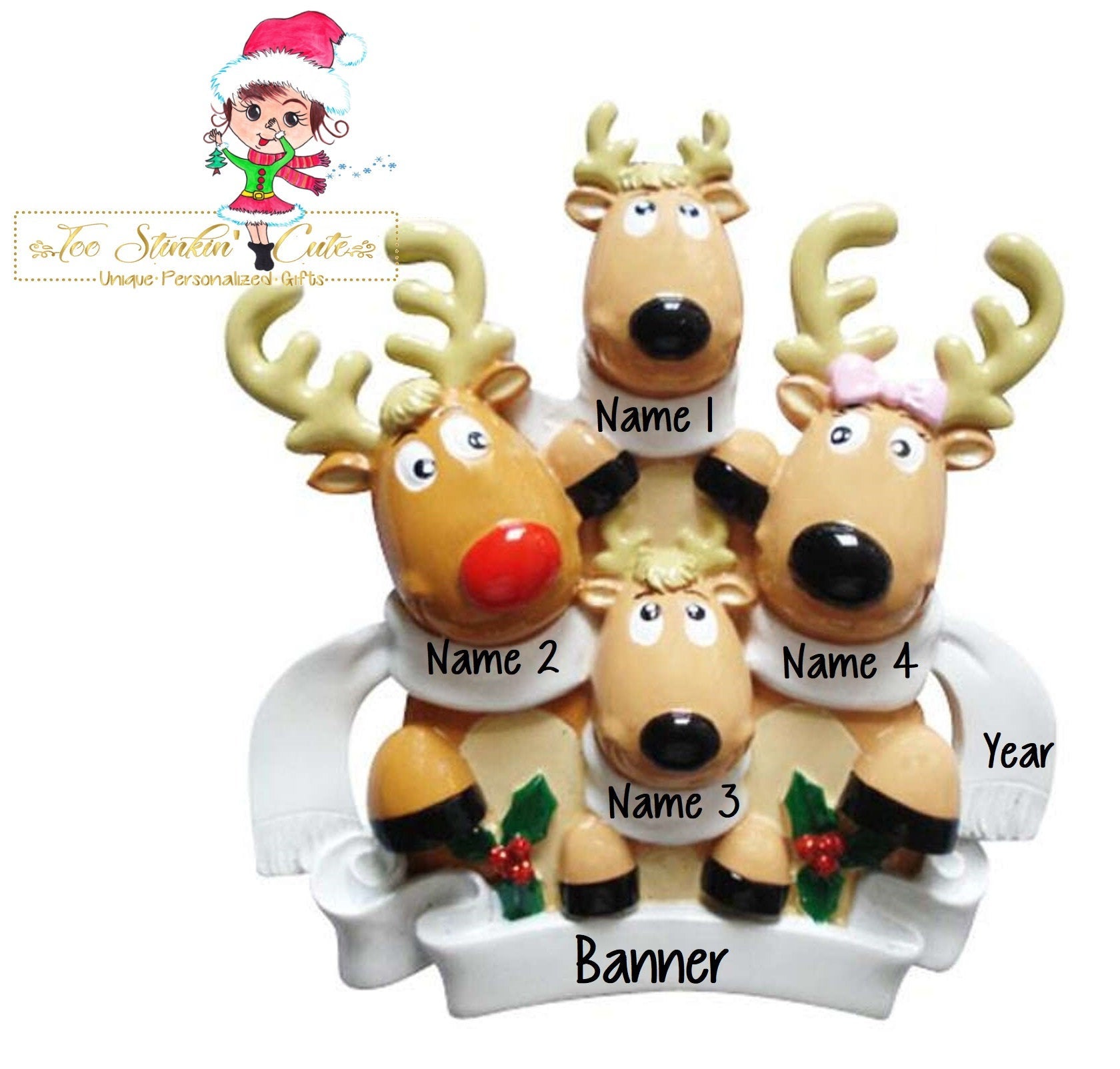 Christmas Ornament Reindeer with Scarves Family of 4/ Friends/ Coworkers - Personalized + Free Shipping!