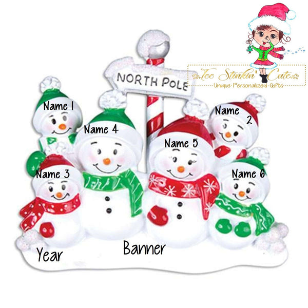 Christmas Ornament Snowman Family of 6 North Pole/ Friends/ Coworkers - Personalized + Free Shipping