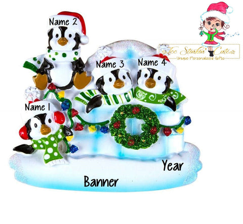 Christmas Ornament Winter Penguin Igloo Family of 4/ Friends/ Coworkers - Personalized + Free Shipping!