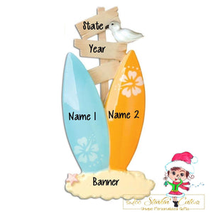Personalized Christmas Ornament Surf Board Beach Family of 2/ Couple/ Newlywed/ Best Friends + Free Shipping!