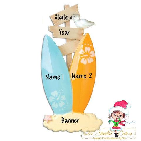 Personalized Christmas Ornament Surf Board Beach Family of 2/ Couple/ Newlywed/ Best Friends + Free Shipping!
