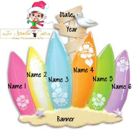 Personalized Christmas Ornament Surf Board Beach Family of 6/ Best Friends/ Coworkers + Free Shipping!