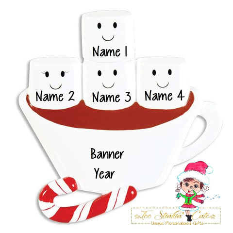 Personalized Christmas Ornament Hot Chocolate Marshmallow Family of 4/ Best Friends/ Coworkers + Free Shipping!