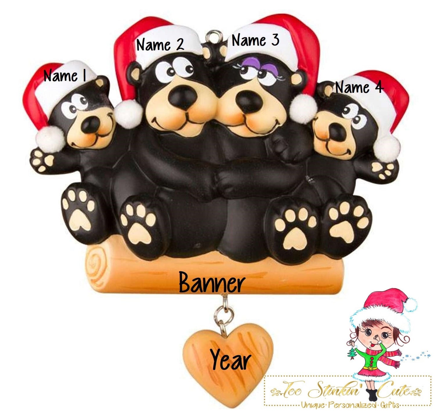 Christmas Ornament Black Bear Family of 4/ Friends/ Coworkers - Personalized + Free Shipping!