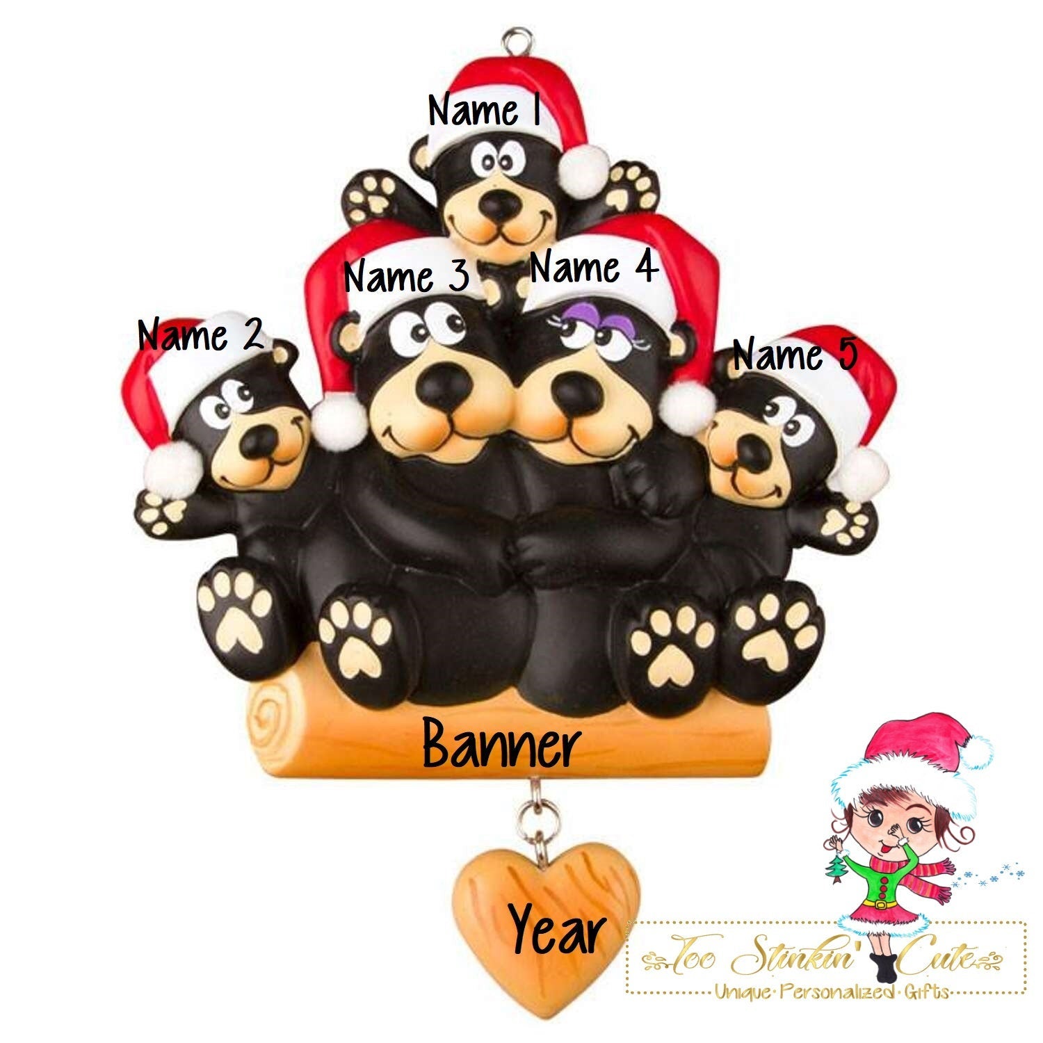 Christmas Ornament Black Bear Family of 5/ Friends/ Coworkers - Personalized + Free Shipping!