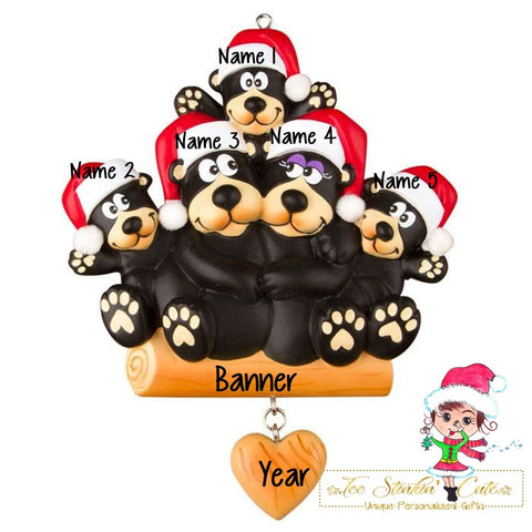 Christmas Ornament Black Bear Family of 5/ Friends/ Coworkers - Personalized + Free Shipping!