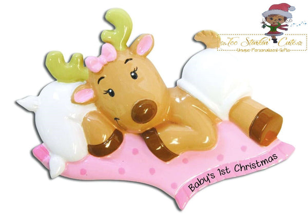 Christmas Ornament Reindeer Baby Girl/ Baby's 1st Christmas/ Newborn/ New Baby - Personalized + Free Shipping!