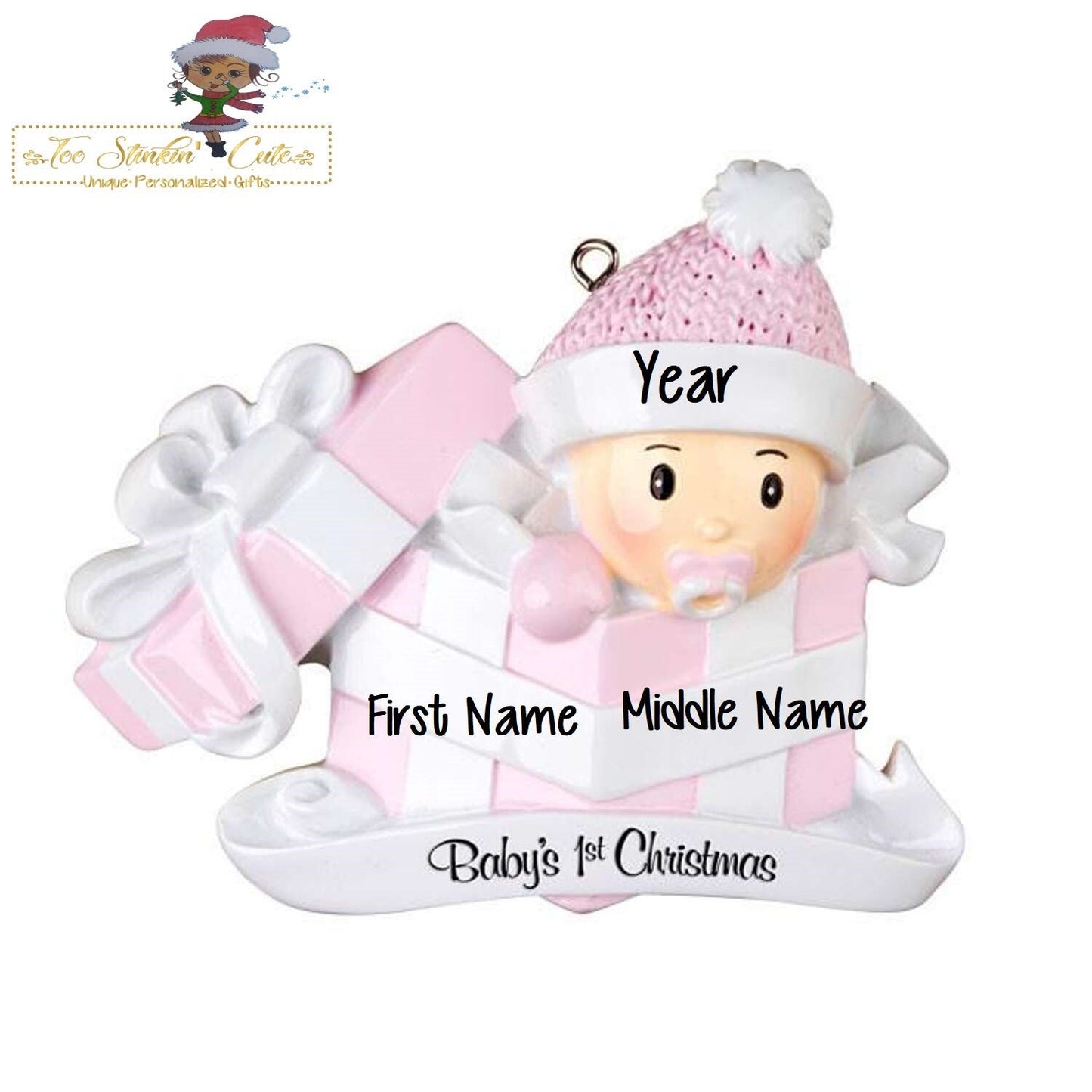 Christmas Ornament Baby Girl in Present/ Baby's 1st Christmas/ Newborn/ New Baby - Personalized + Free Shipping!