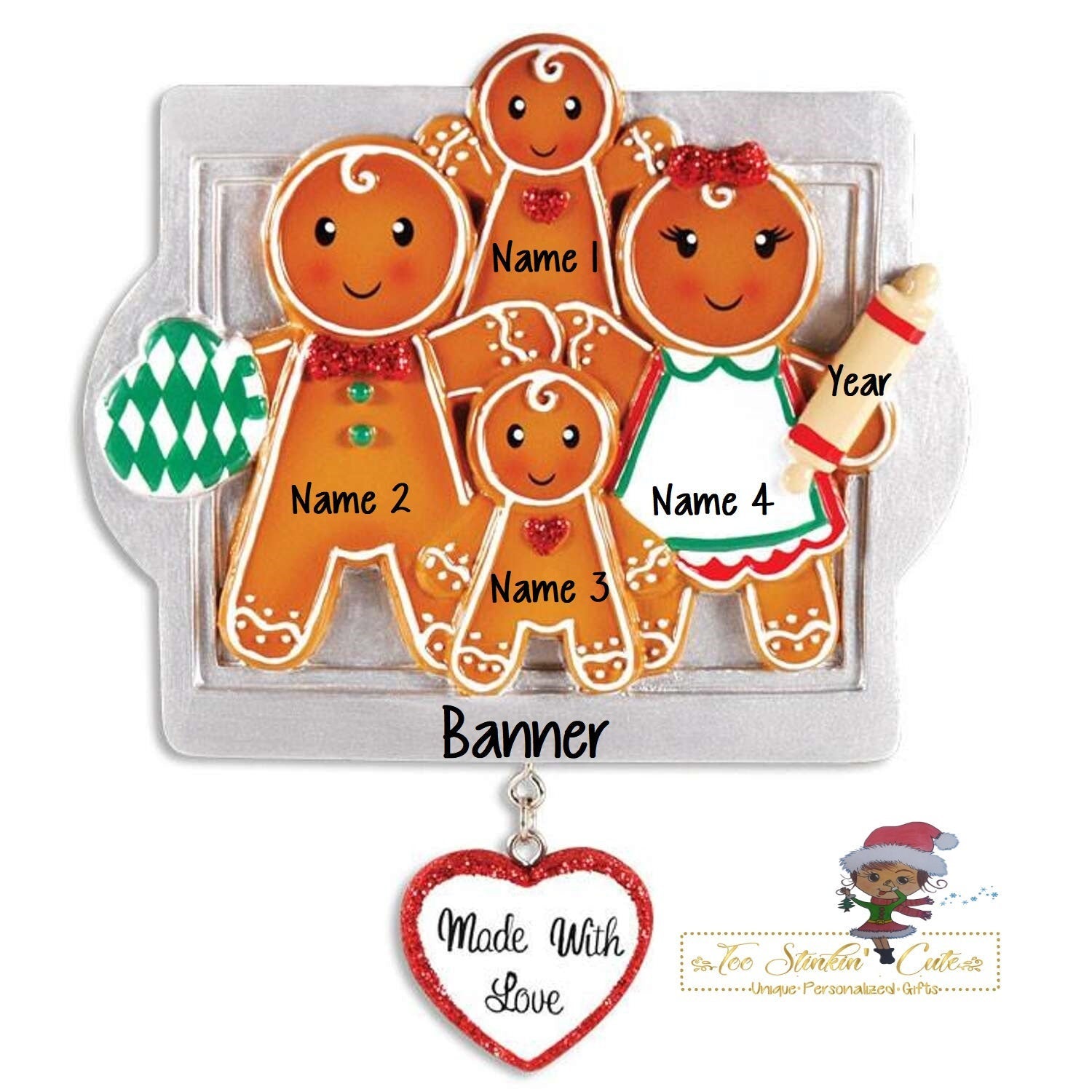 Christmas Ornament Gingerbread Made with Love Family of 4/ Friends/ Coworkers Personalized! + Free Shipping!