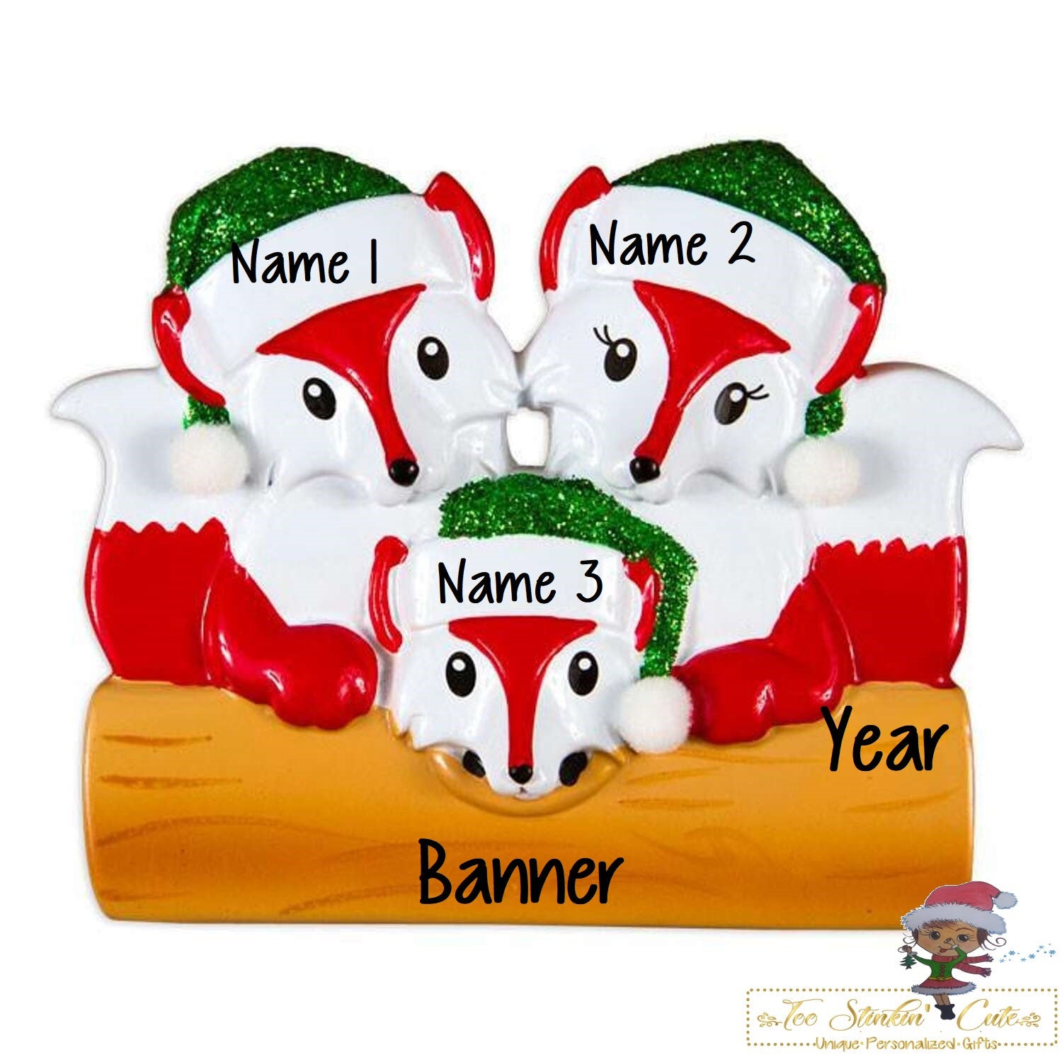 Christmas Ornament Fox Family of 3/ Newlywed/ Friends/ Coworkers Personalized! + Free Shipping!