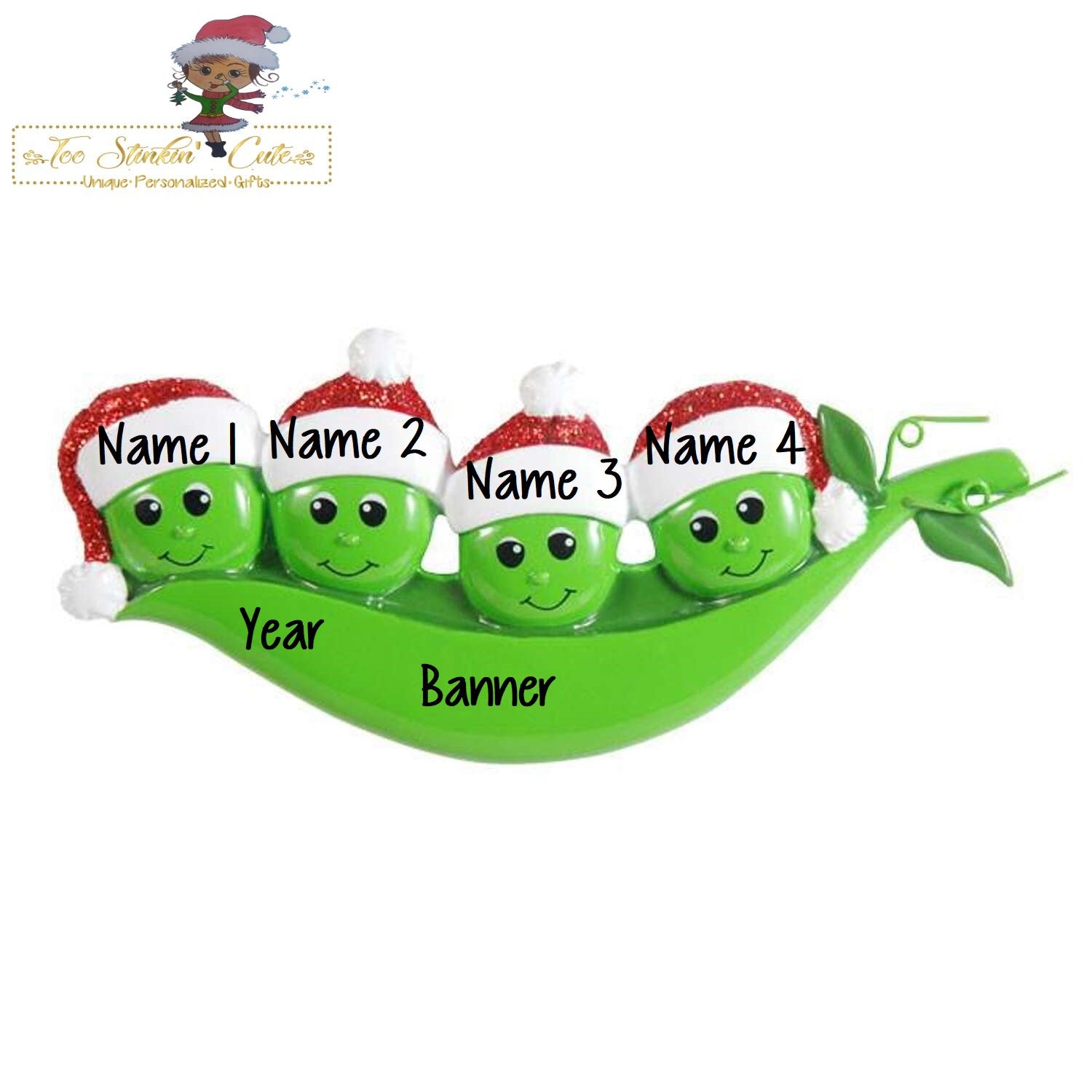 Christmas Ornament Pea Family of 4/ Friends/ Pea Pod/ Coworkers Personalized! + Free Shipping!