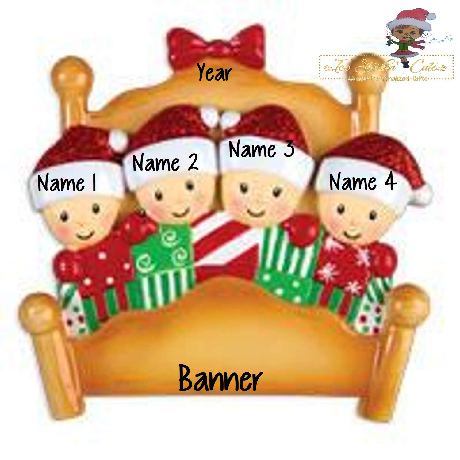 Personalized Christmas Ornament Pajama Bed Family of 4 + Free Shipping!