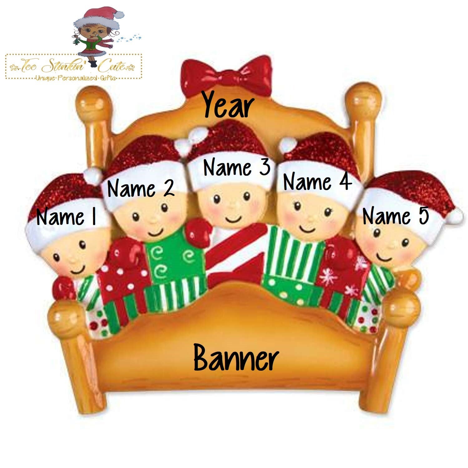 Personalized Christmas Ornament Pajama Bed Family of 5 + Free Shipping!