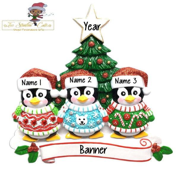 Christmas Ornament Penguin Ugly Sweater Family of 3/ Friends/ Coworkers - Personalized + Free Shipping!