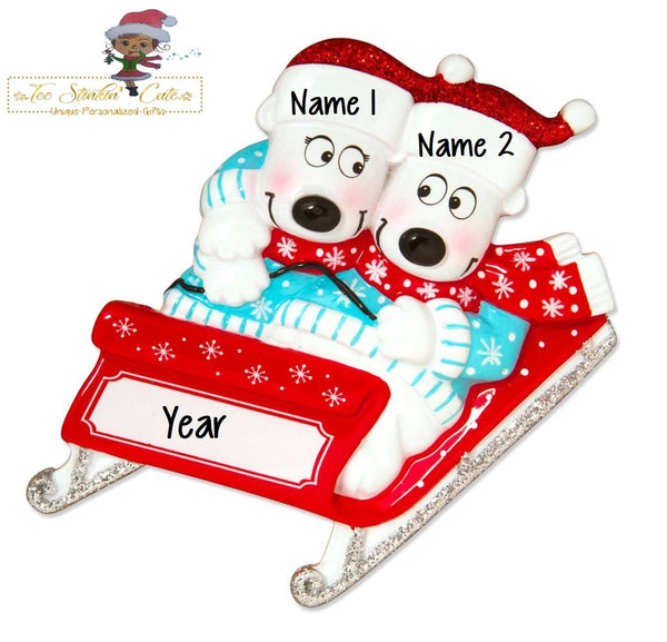 Christmas Ornament Bears on Sled Family of 2/ Couple/ Newlywed/ Friends/ Coworkers Personalized! + Free Shipping!
