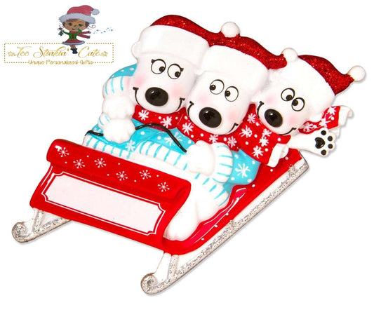 Christmas Ornament Bears on Sled Family of 3/ Friends/ Coworkers Personalized! + Free Shipping!