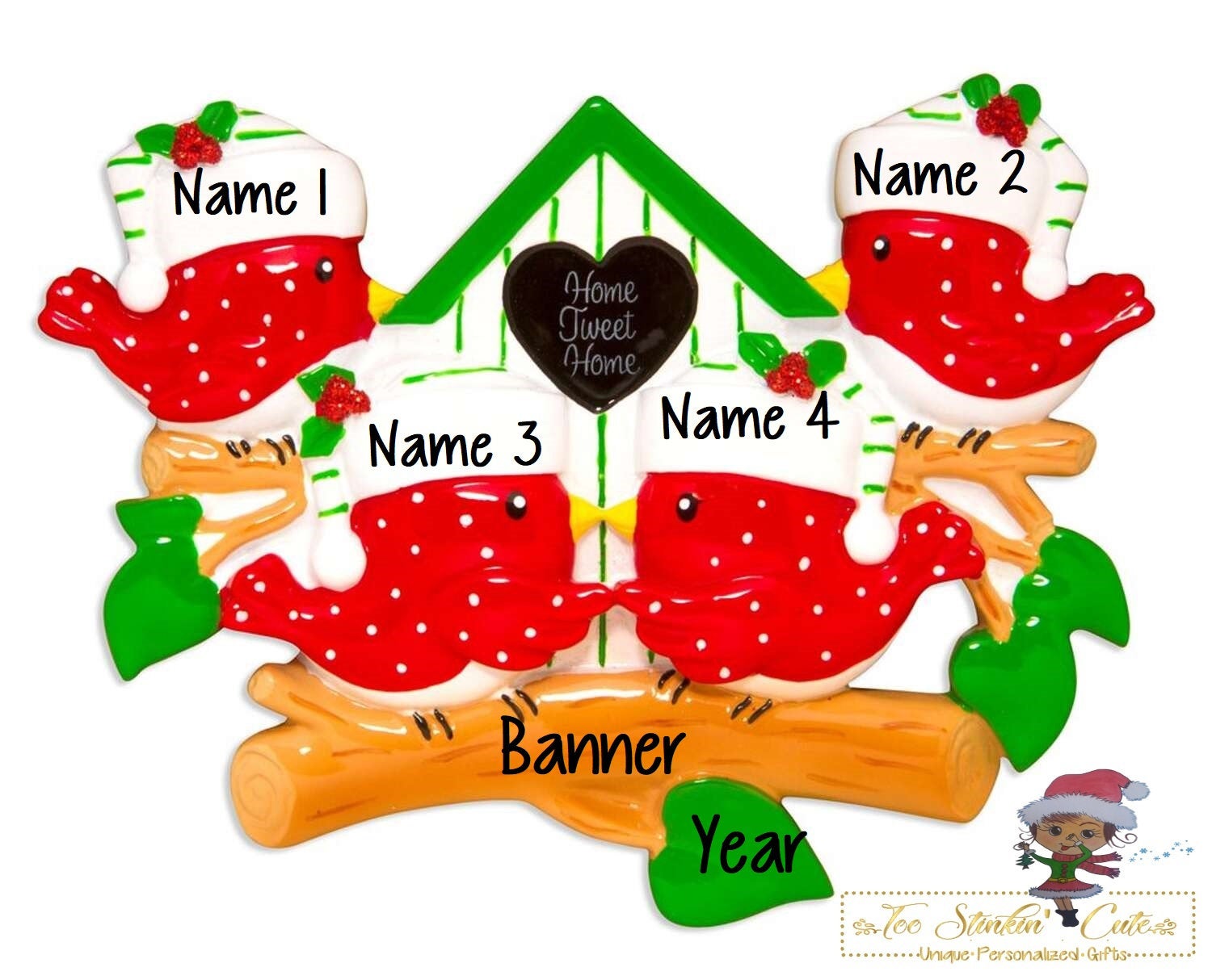 Personalized Christmas Ornament Bird Family of 4