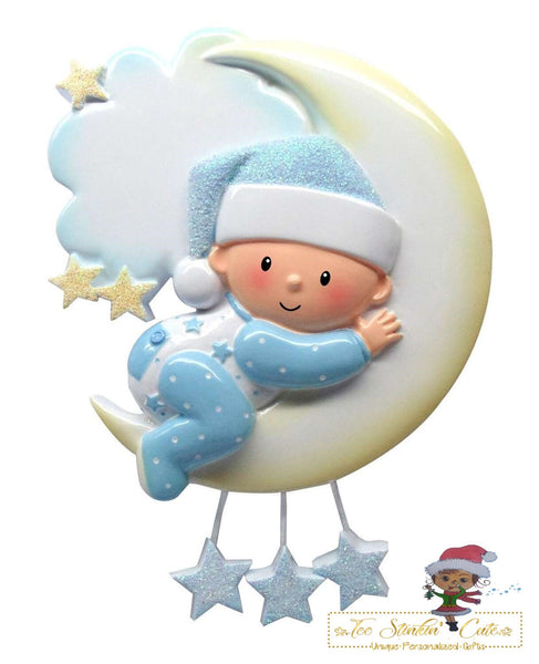 Personalized Christmas Ornament Baby Boy on Moon + Free Shipping! / Custom Baby Newborn Infant Toddler Pregnant Expecting Baby's 1st