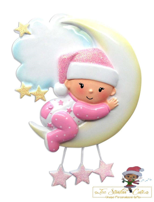 Personalized Christmas Ornament Baby Girl on Moon + Free Shipping! / Newborn New Baby Child Kid Children Toddler Infant