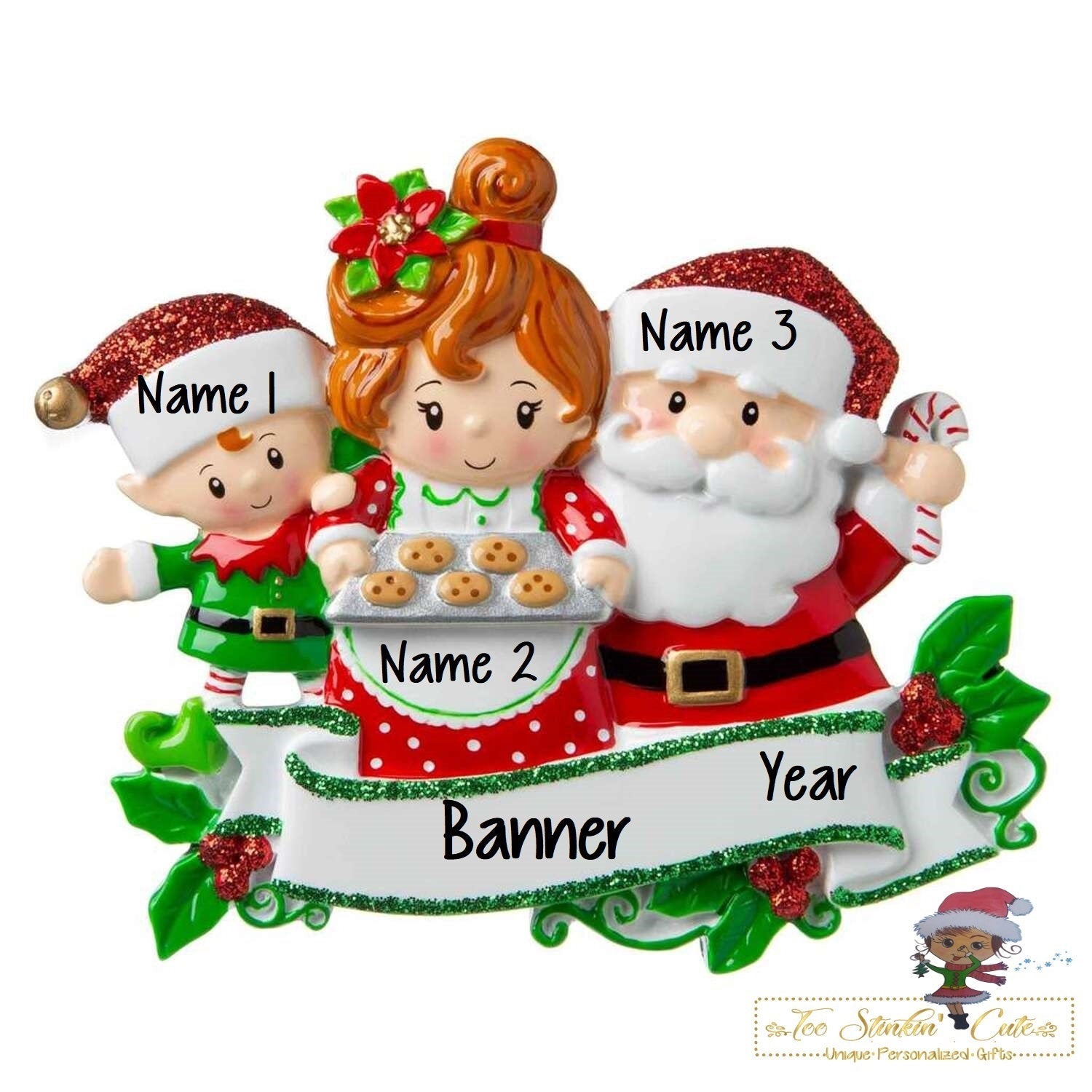 Personalized Christmas Ornament Mr. and Mrs. Claus Family of 3 + Free Shipping!