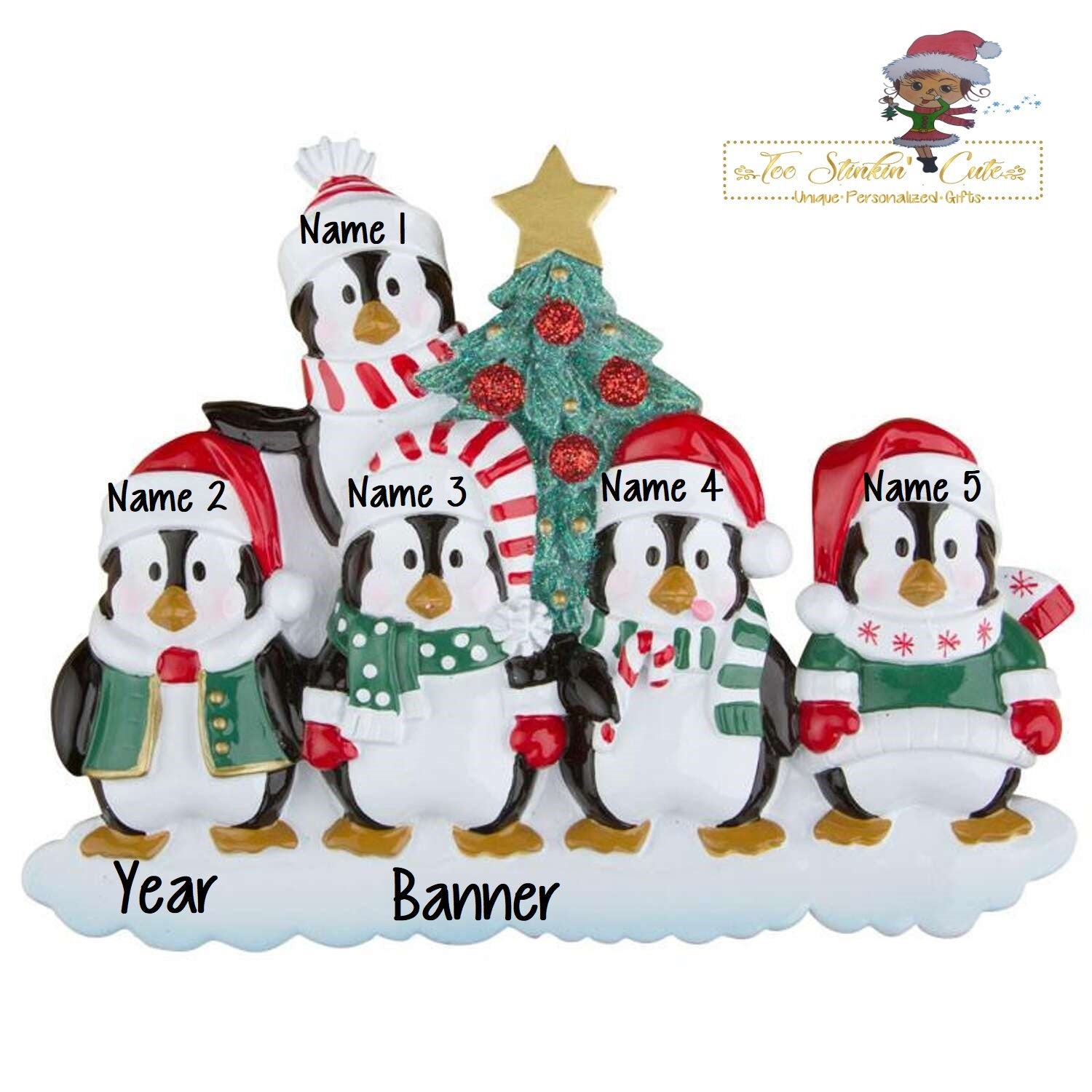 Personalized Christmas Table Topper Penguin Tree Family of 5+ Free Shipping!