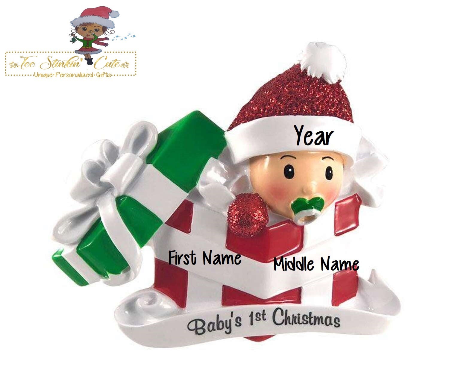 Christmas Ornament Baby in Red Present/ Baby's 1st Christmas/ Newborn/ New Baby - Personalized + Free Shipping!