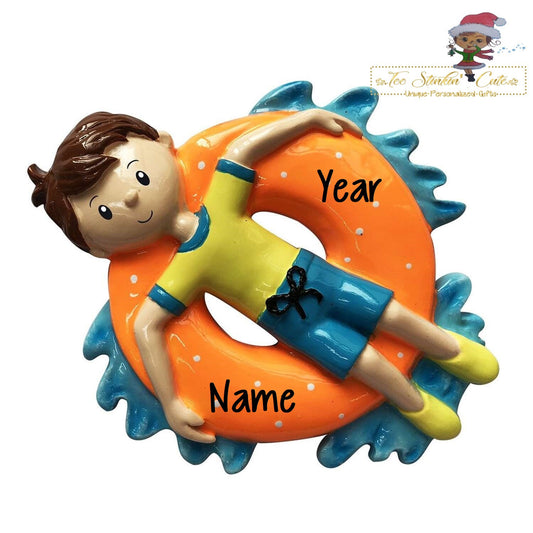 Christmas Ornament Boy on Inner Tube/ Swimming/ pool lake ocean /Children Beach Kids - Personalized + Free Shipping!