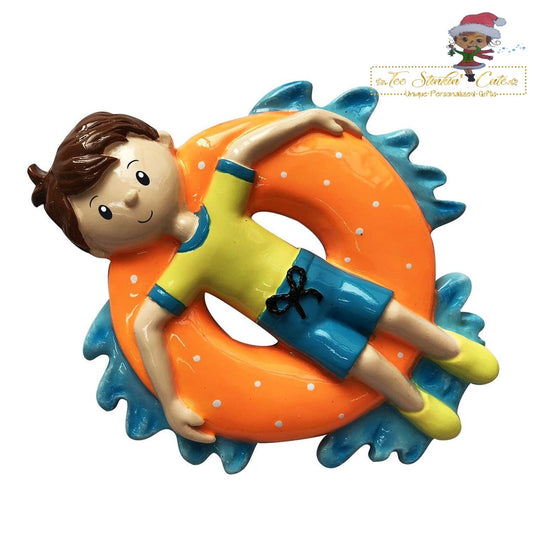 Christmas Ornament Boy on Inner Tube/ Swimming/ pool lake ocean /Children Beach Kids - Personalized + Free Shipping!