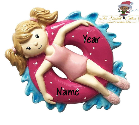 Girl on Inner Tube Personalized Christmas Ornament/ Swimming/ pool lake ocean /Children Beach Kids