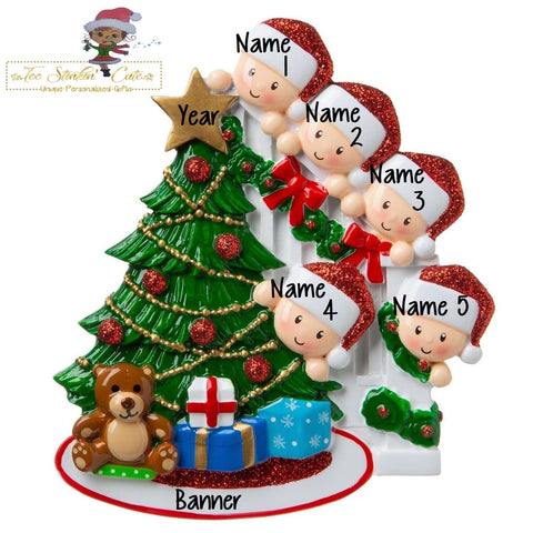 Christmas Ornament Peeking Christmas Tree Family of 5 - Personalized + Free Shipping!